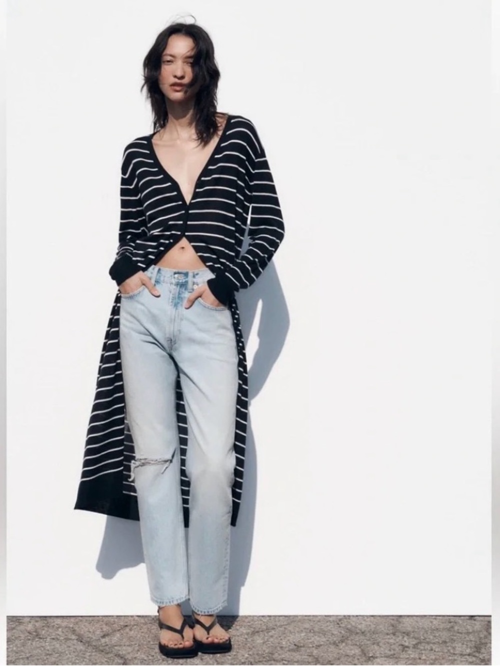 Zara Womens Collection Striped Long Cardigan - Black & White Size M